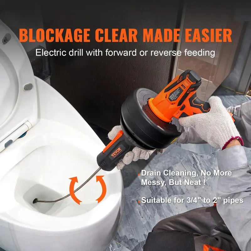 12V Cordless Electric Drain Auger, 25FT Commercial Automatic Feeding Drain Snake, 3/4"-2" Pipe Clog Removal Tool with Power Drill, 2.0Ah Battery & Charger