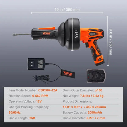 12V Cordless Electric Drain Auger, 25FT Commercial Automatic Feeding Drain Snake, 3/4"-2" Pipe Clog Removal Tool with Power Drill, 2.0Ah Battery & Charger