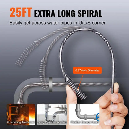 12V Cordless Electric Drain Auger, 25FT Commercial Automatic Feeding Drain Snake, 3/4"-2" Pipe Clog Removal Tool with Power Drill, 2.0Ah Battery & Charger