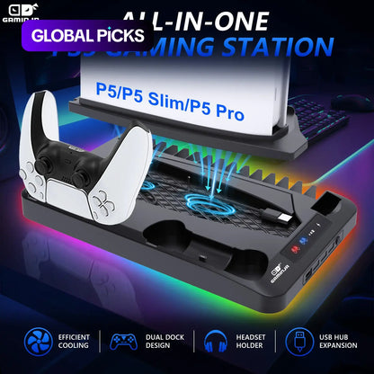 Multi Functional PS5 Cooling Stand with Fast Charging Dock Dual Fan System for Console Accessories