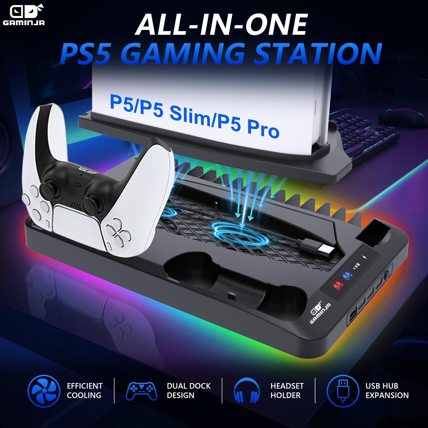 Multi Functional PS5 Cooling Stand with Fast Charging Dock Dual Fan System for Console Accessories