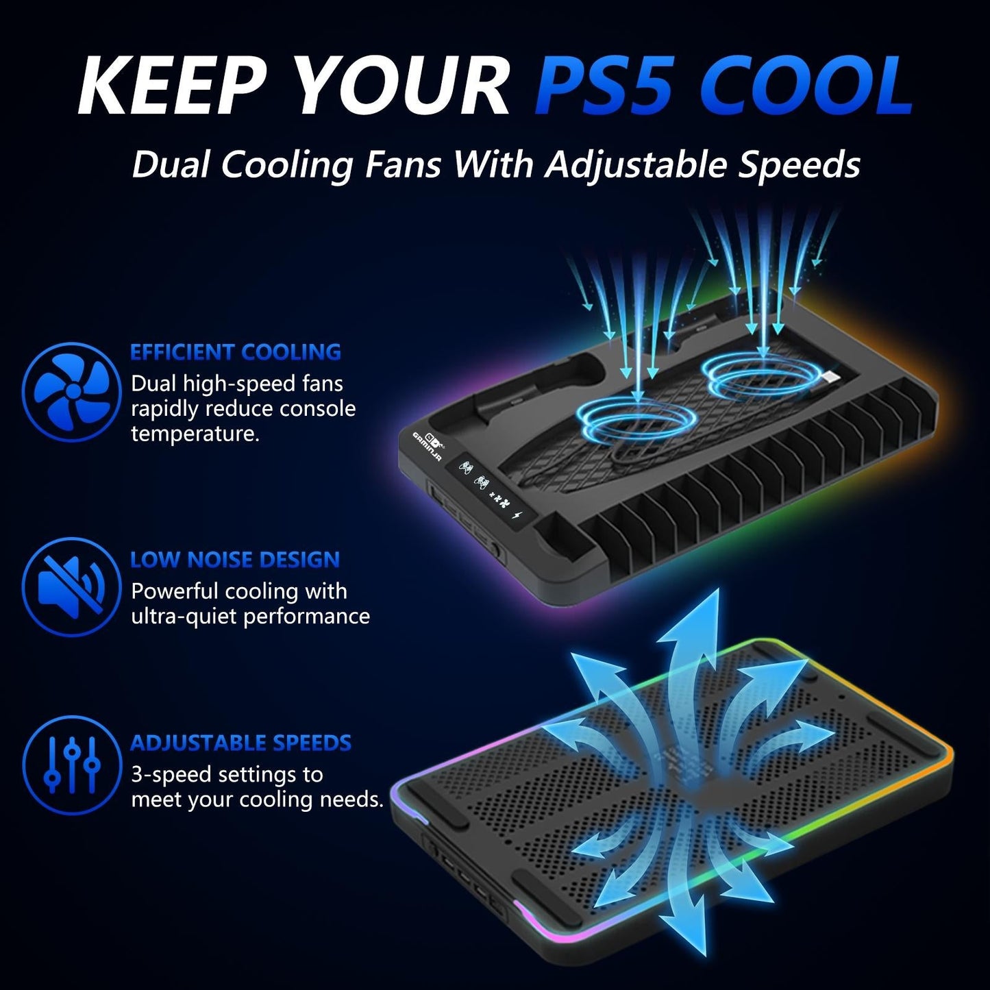 Multi Functional PS5 Cooling Stand with Fast Charging Dock Dual Fan System for Console Accessories