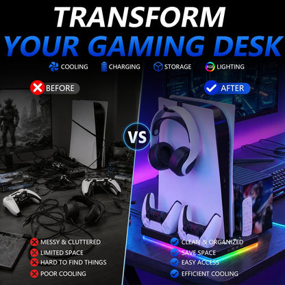 Multi Functional PS5 Cooling Stand with Fast Charging Dock Dual Fan System for Console Accessories