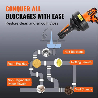 12V Cordless Electric Drain Auger, 25FT Commercial Automatic Feeding Drain Snake, 3/4"-2" Pipe Clog Removal Tool with Power Drill, 2.0Ah Battery & Charger