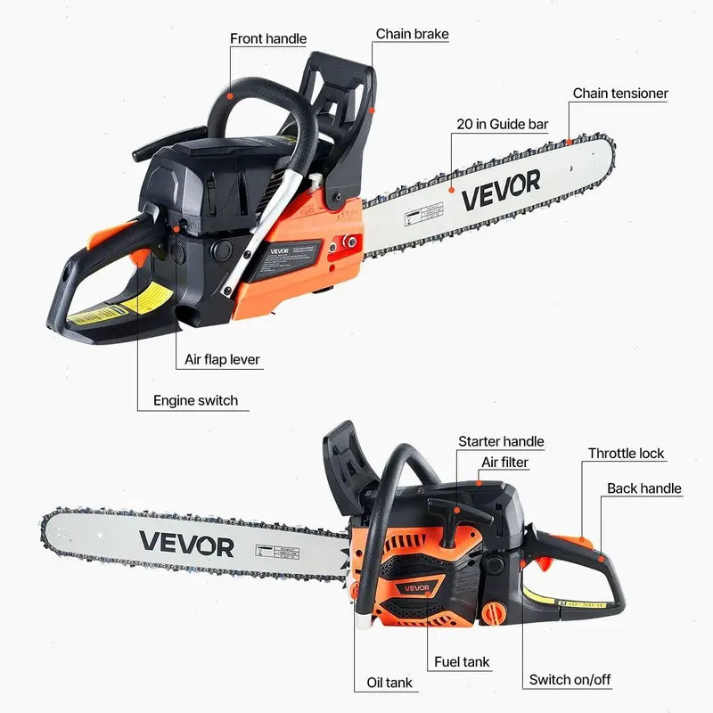 Gas Chainsaw, chainsaw for tree cutting, 25.4CC 12-Inch 1.2HP 2-Stroke Gasoline Powered Chain Saw with Anti-Vibration Handle & Auto-Oiler for Farm, Garden, Ranch - Cuts Tree Branches, Firewood, Logs, Hardwood, Gas Powered Chainsaws
